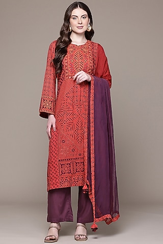 Red Cotton Slub Kurta Set by Ritu Kumar