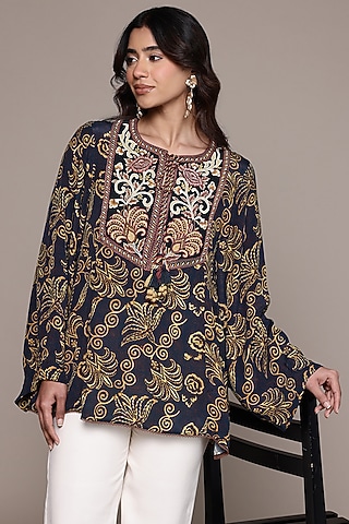 Black Viscose Crepe Short Kurta by Ritu Kumar