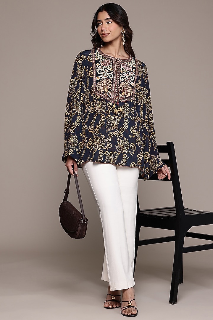 Black Viscose Crepe Short Kurta by Ritu Kumar at Pernia's Pop Up Shop
