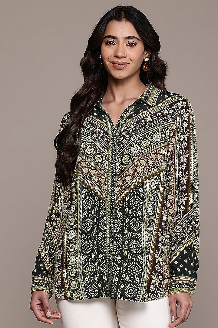 Black Viscose Crepe Collared Shirt by Ritu Kumar at Pernia's Pop Up Shop