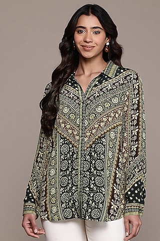 Black Viscose Crepe Collared Shirt by Ritu Kumar