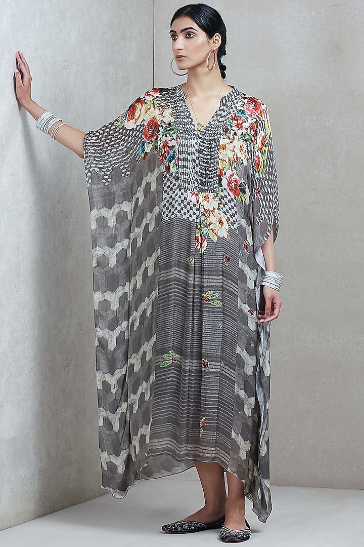 Grey Floral Printed Kaftan by Ritu Kumar at Pernia's Pop Up Shop