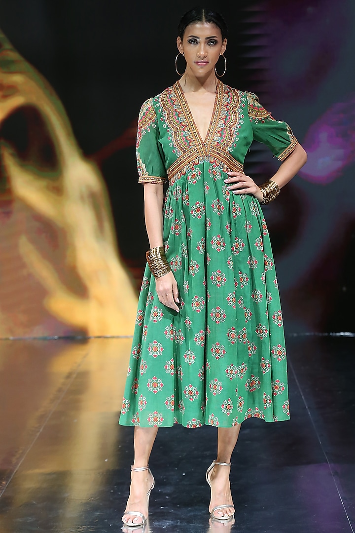 Green Embroidered & Print Dress by Ritu Kumar