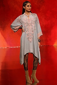 Grey Floral Printed Asymmetric Dress by Ritu Kumar