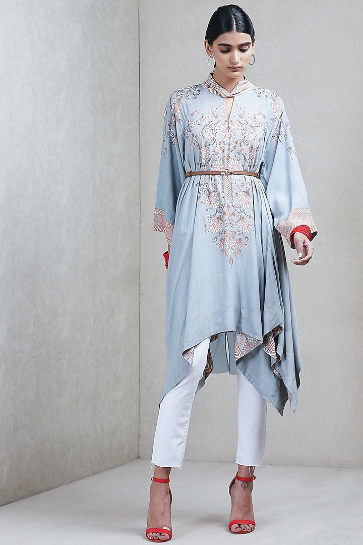 Grey Floral Printed Asymmetric Summer Dress by Ritu Kumar at Pernia's Pop Up Shop