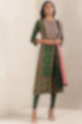 Forest Green Printed & Embroidered Kurta Set by Ritu Kumar at Pernia's Pop Up Shop