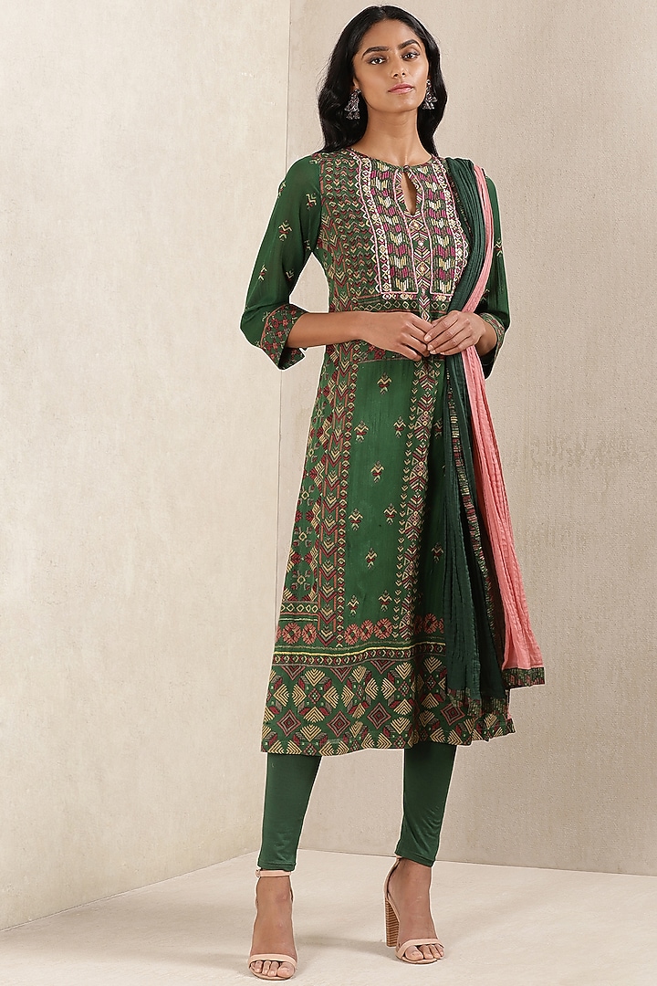 Forest Green Printed & Embroidered Kurta Set by Ritu Kumar at Pernia's Pop Up Shop