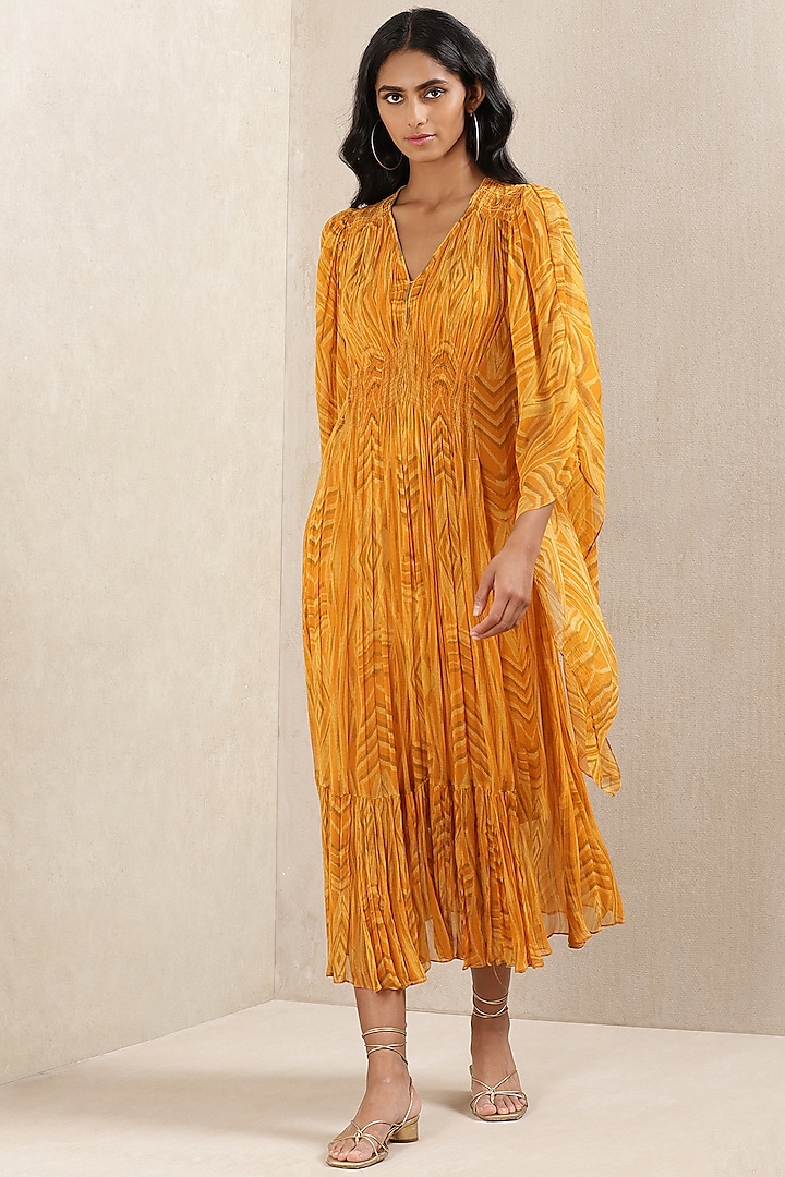 Dandelion Yellow Printed Midi Dress by Ritu Kumar at Pernia's Pop Up Shop