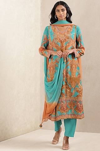 Teal Printed Kurta Set by Ritu Kumar