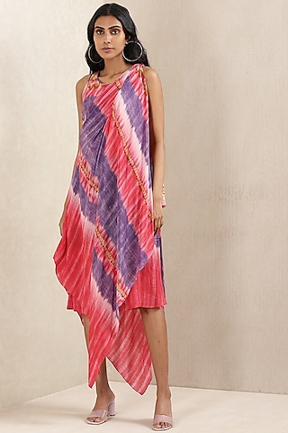 Fuchsia Viscose Crepe Tie-Dye Printed Dress by Ritu Kumar