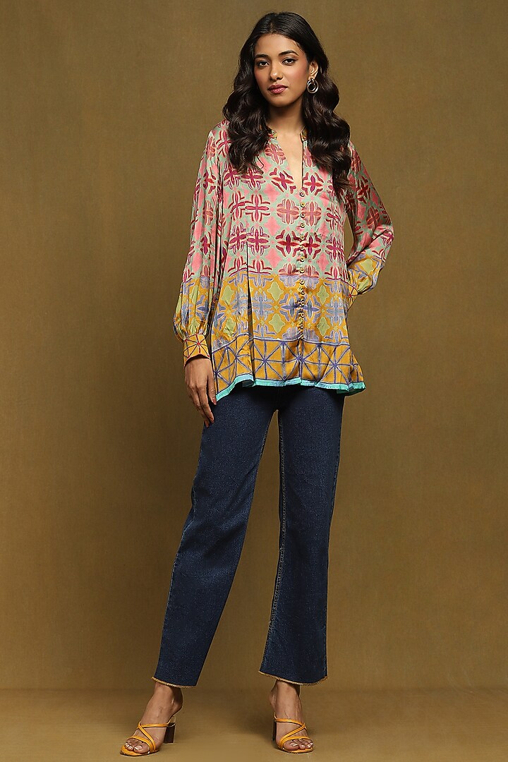 Mustard Dehri Satin Aztec Printed Top by Ritu Kumar at Pernia's Pop Up Shop