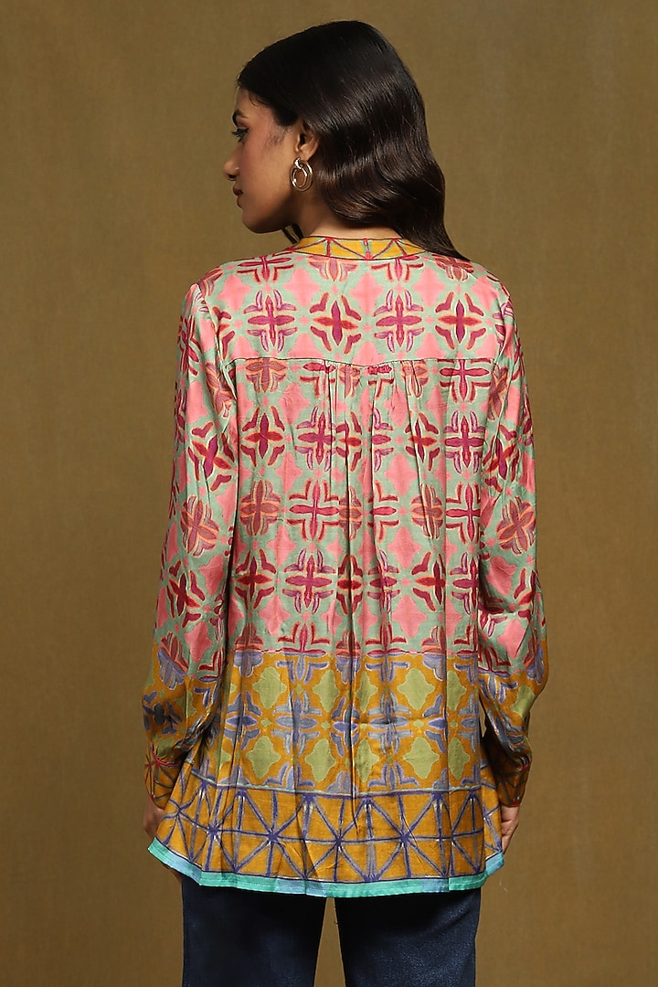 Mustard Dehri Satin Aztec Printed Top by Ritu Kumar at Pernia's Pop Up Shop