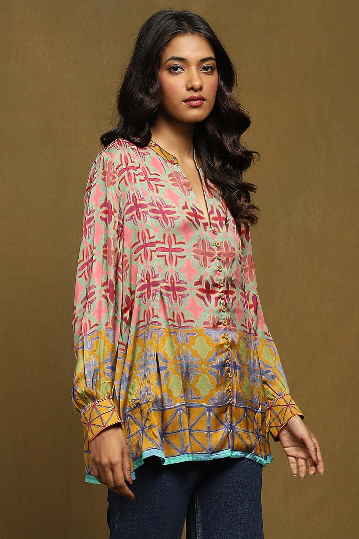 Mustard Dehri Satin Aztec Printed Top by Ritu Kumar at Pernia's Pop Up Shop