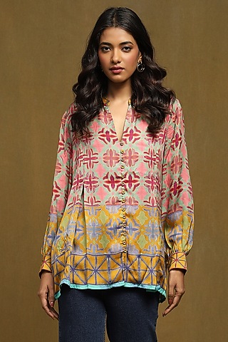 Mustard Dehri Satin Aztec Printed Top by Ritu Kumar