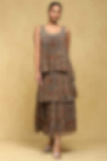 Brown Viscose Chiffon Digital Printed Maxi Dress by Ritu Kumar