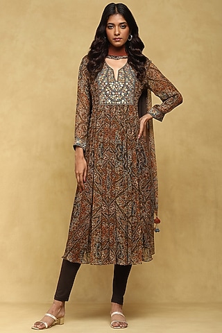 Brown Viscose Chiffon Digital Printed Kurta Set by Ritu Kumar