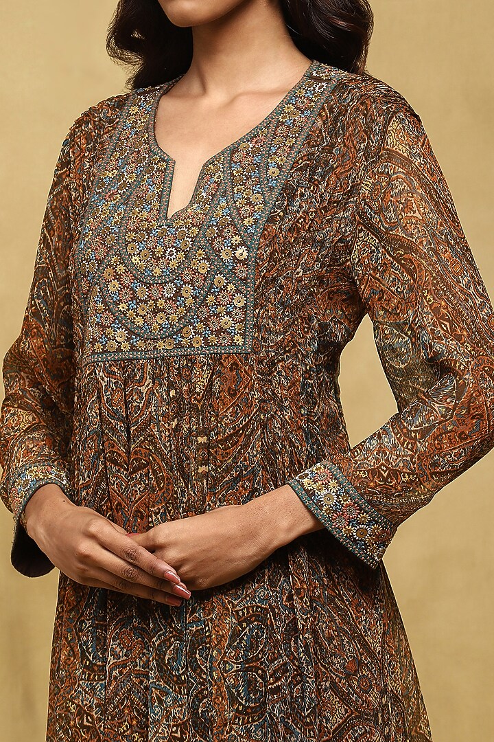Brown Viscose Chiffon Digital Printed Kurta Set by Ritu Kumar at Pernia's Pop Up Shop