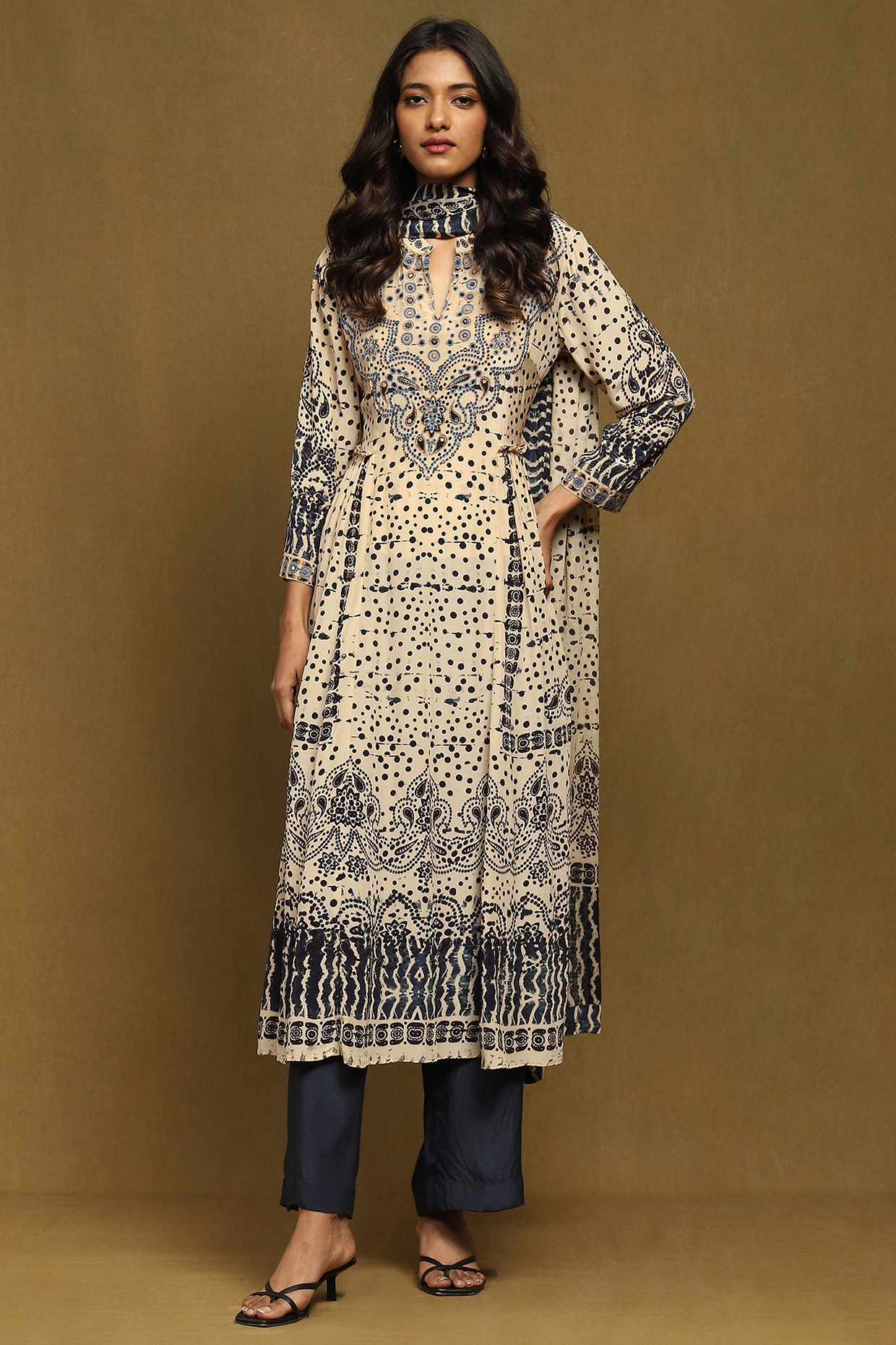 Beige Viscose Crepe Abstract Printed Kurta Set by Ritu Kumar at Pernia's Pop Up Shop