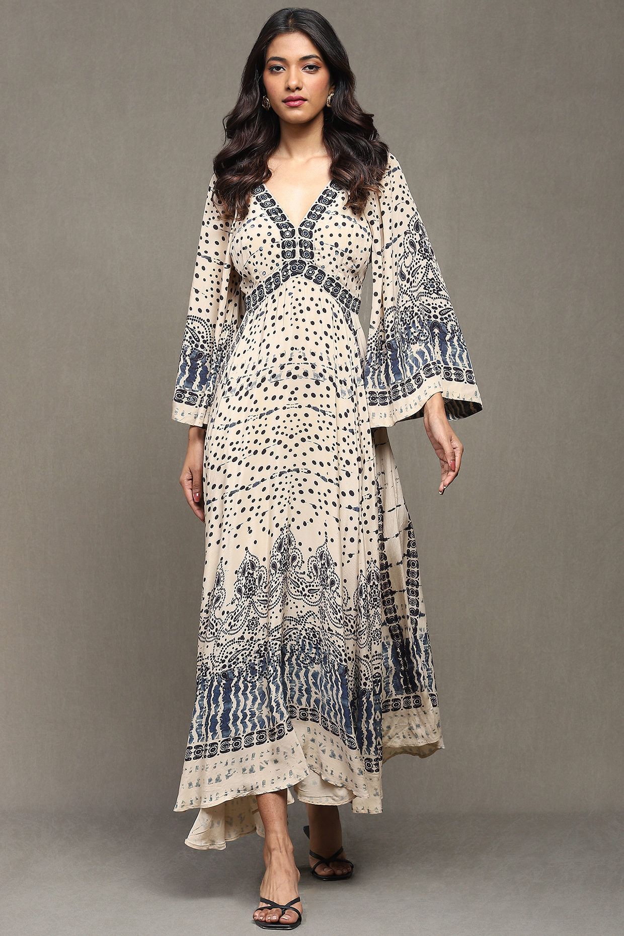 Beige Viscose Crepe Abstract Printed Maxi Summer Dress by Ritu Kumar at Pernia's Pop Up Shop