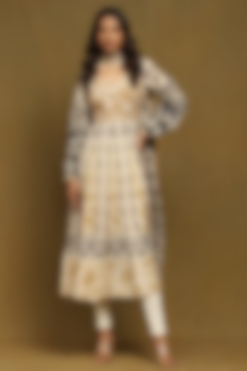 Black Viscose Silk Abstract Printed Party Wear Anarkali Set by Ritu Kumar at Pernia's Pop Up Shop
