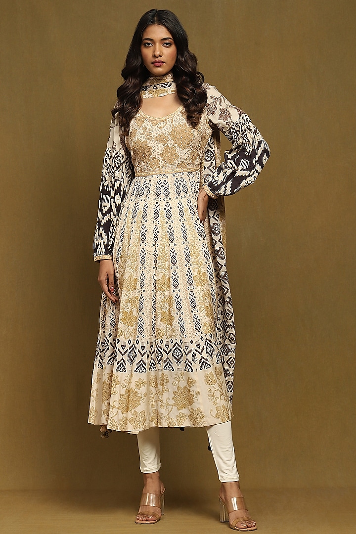 Black Viscose Silk Abstract Printed Party Wear Anarkali Set by Ritu Kumar at Pernia's Pop Up Shop