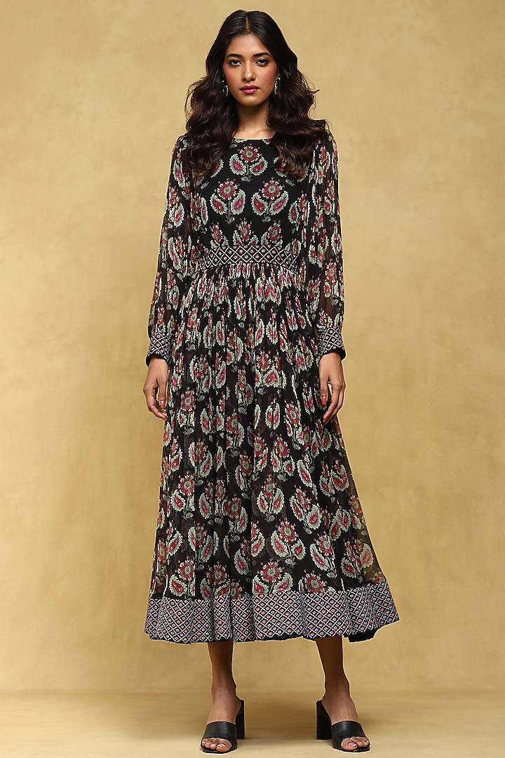 Black Viscose Chiffon Botanic Printed Maxi Vacation Dress by Ritu Kumar at Pernia's Pop Up Shop