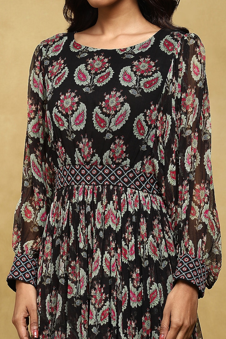 Black Viscose Chiffon Botanic Printed Maxi Vacation Dress by Ritu Kumar at Pernia's Pop Up Shop
