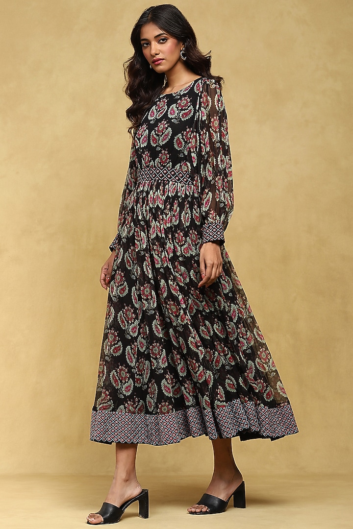 Black Viscose Chiffon Botanic Printed Maxi Vacation Dress by Ritu Kumar at Pernia's Pop Up Shop