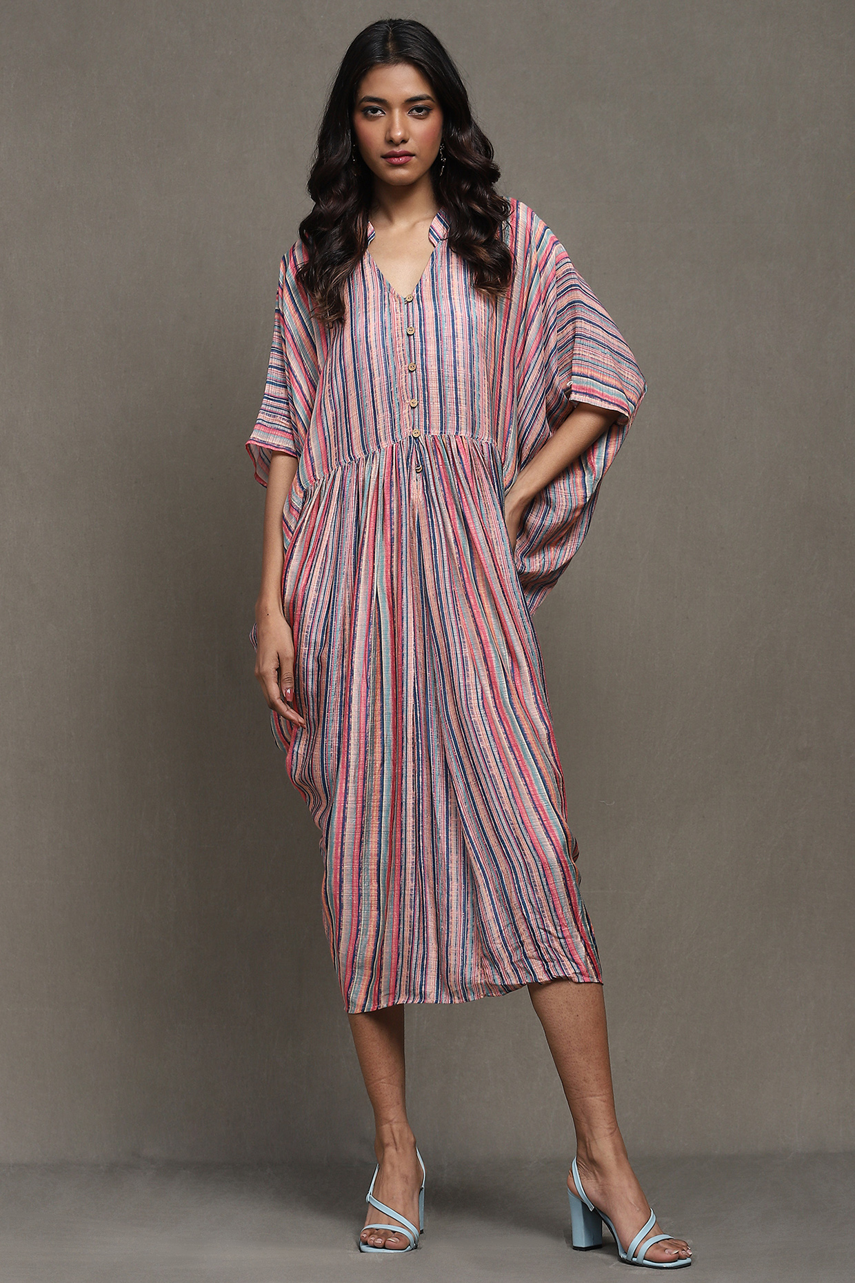 Multi-Colored Viscose Bamberg Digital Stripes Printed Midi Kaftan Summer Dress by Ritu Kumar at Pernia's Pop Up Shop