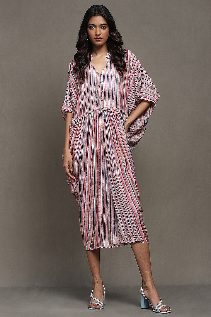 Multi-Colored Viscose Bamberg Digital Stripes Printed Midi Kaftan Summer Dress by Ritu Kumar at Pernia's Pop Up Shop