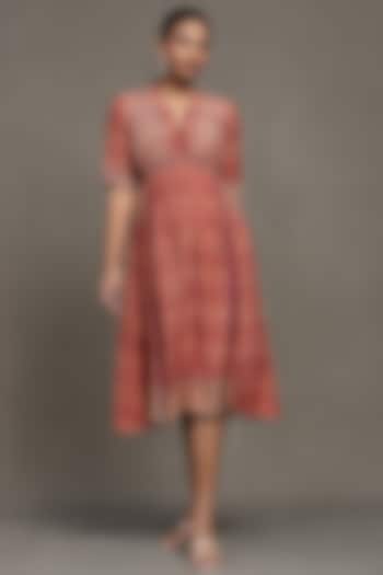 Red Cotton Silk Digital Printed Midi Dress by Ritu Kumar