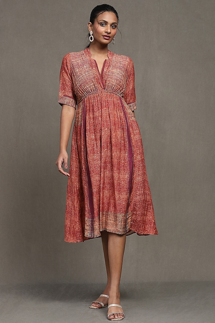 Red Cotton Silk Digital Printed Midi Dress by Ritu Kumar