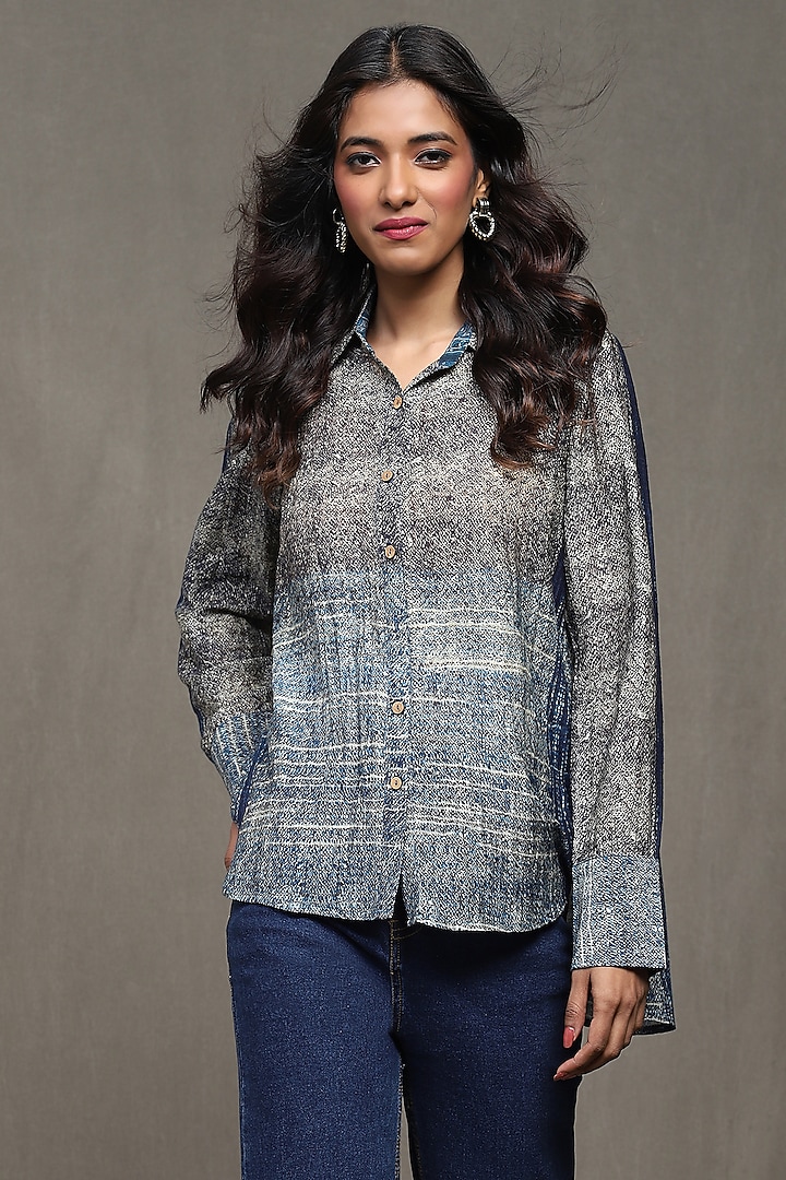 Blue Cotton Silk Digital Printed Shirt by Ritu Kumar