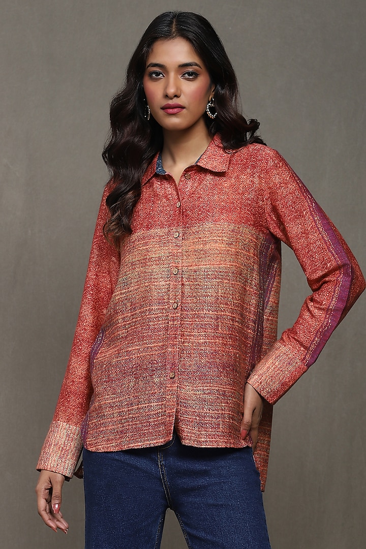 Red Cotton Silk Digital Printed Shirt by Ritu Kumar