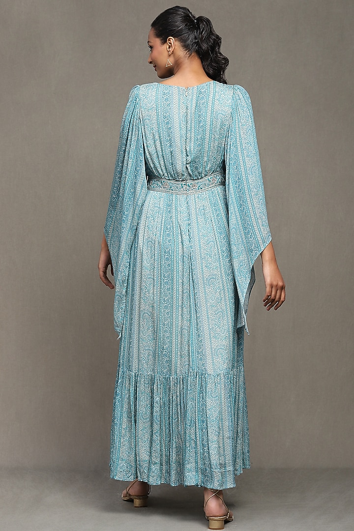 Blue Viscose Chinon Botanic Printed Maxi Summer Dress by Ritu Kumar at Pernia's Pop Up Shop