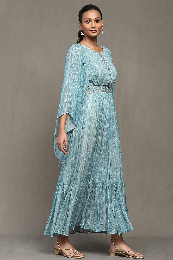 Blue Viscose Chinon Botanic Printed Maxi Summer Dress by Ritu Kumar at Pernia's Pop Up Shop