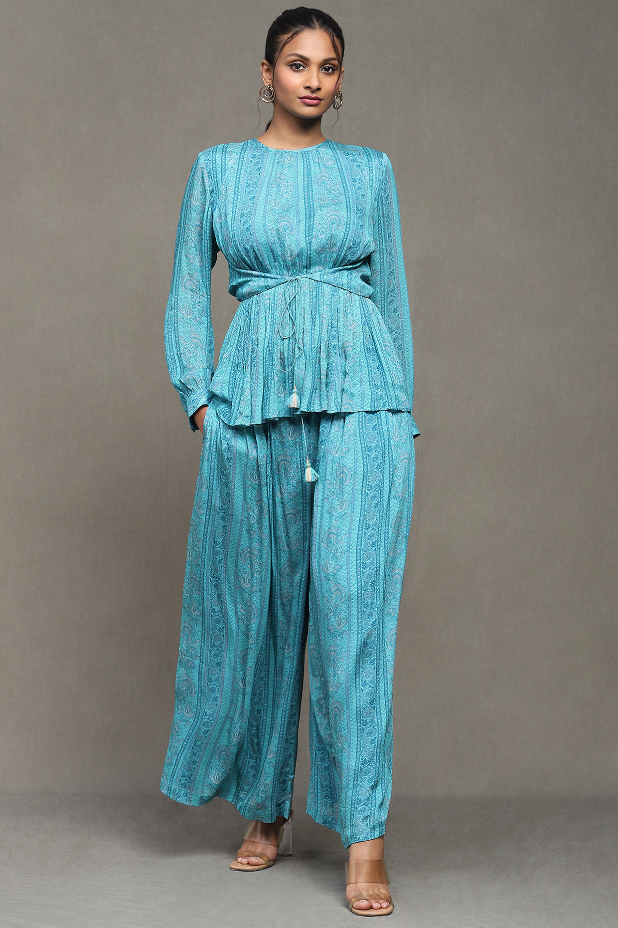Blue Viscose Chinon Botanic Printed Co-Ord Set by Ritu Kumar at Pernia's Pop Up Shop