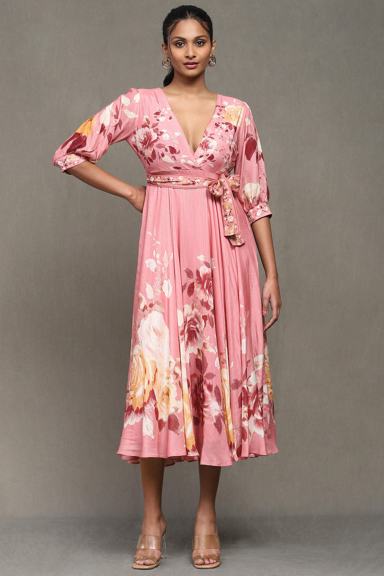 Rose Pink Viscose Bamberg Botanic Printed Midi Summer Dress With Belt by Ritu Kumar at Pernia's Pop Up Shop