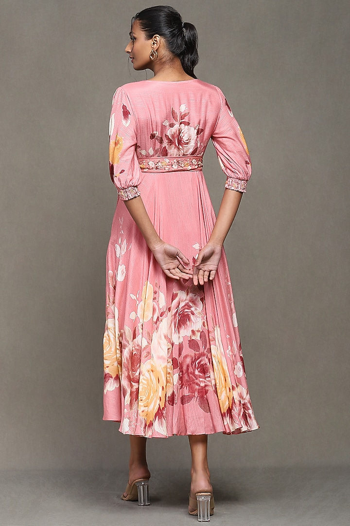 Rose Pink Viscose Bamberg Botanic Printed Midi Summer Dress With Belt by Ritu Kumar at Pernia's Pop Up Shop
