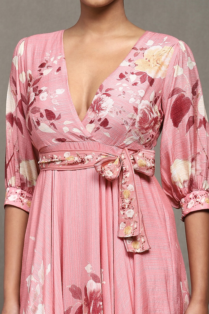 Rose Pink Viscose Bamberg Botanic Printed Midi Summer Dress With Belt by Ritu Kumar at Pernia's Pop Up Shop