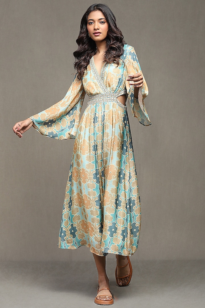 Aqua Blue Viscose Bamberg Printed Midi Dress by Ritu Kumar