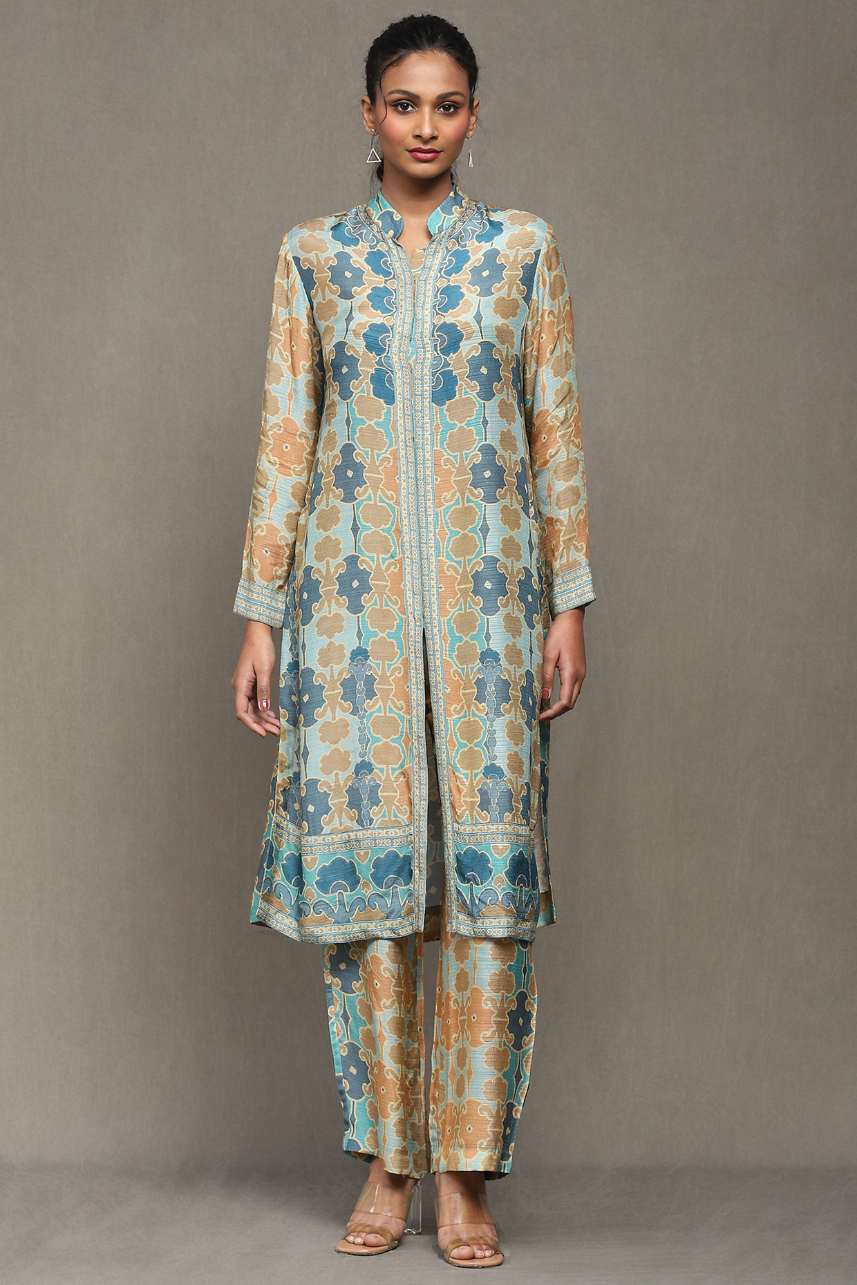 Aqua Blue Viscose Bamberg Printed Kurta Set by Ritu Kumar at Pernia's Pop Up Shop