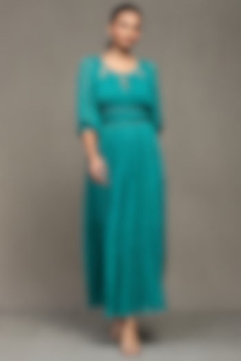 Teal Viscose Chiffon Maxi Dress by Ritu Kumar at Pernia's Pop Up Shop