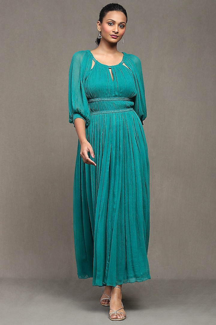 Teal Viscose Chiffon Maxi Dress by Ritu Kumar at Pernia's Pop Up Shop