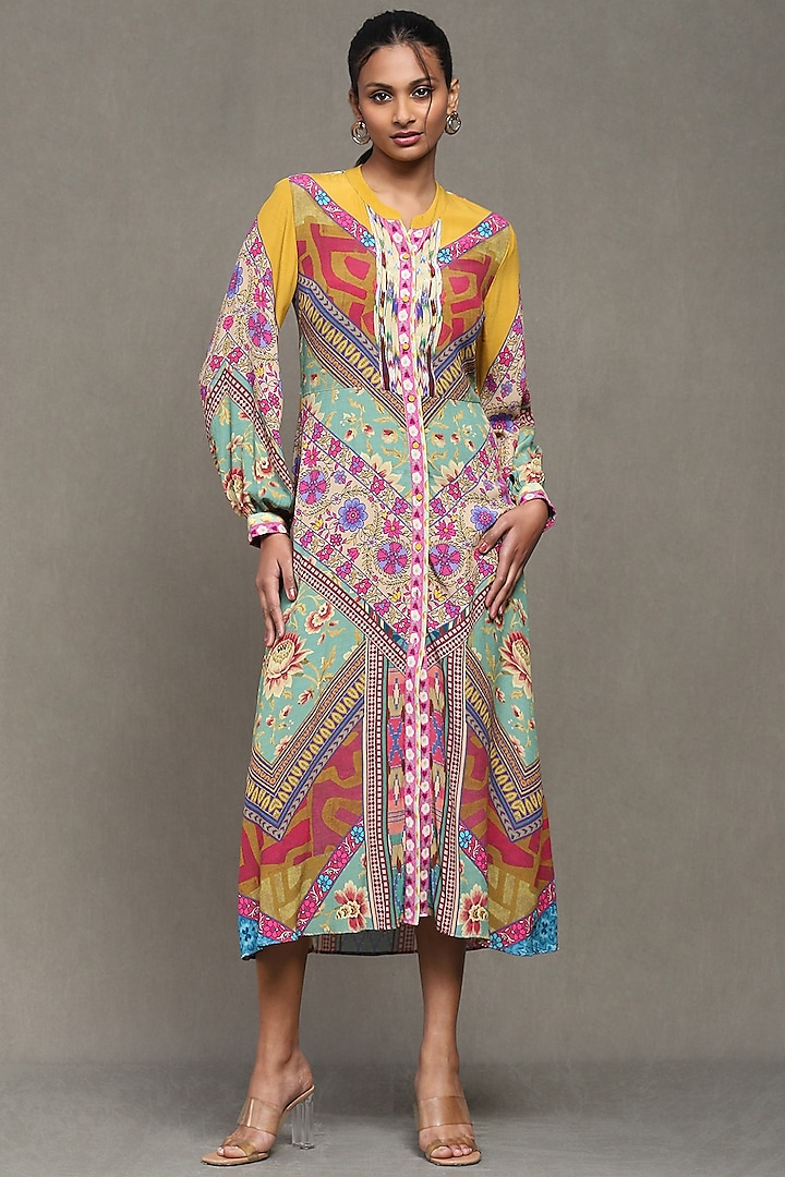 Multi-Colored Viscose Crepe Printed Midi Dress by Ritu Kumar