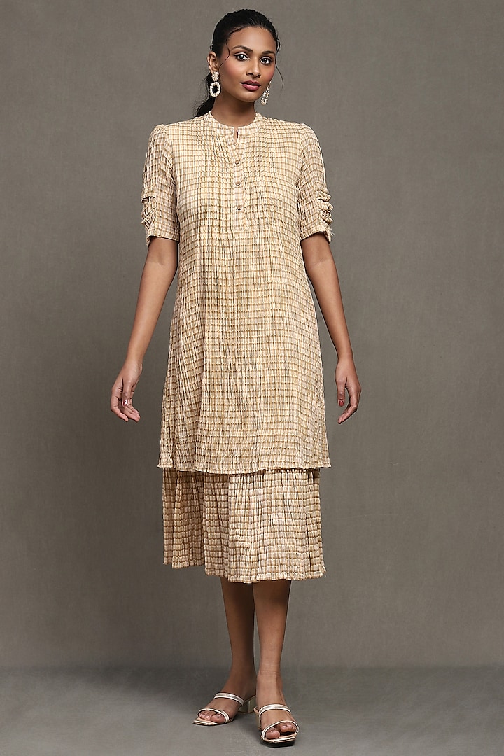 Beige Cotton Checks Printed Midi Dress by Ritu Kumar