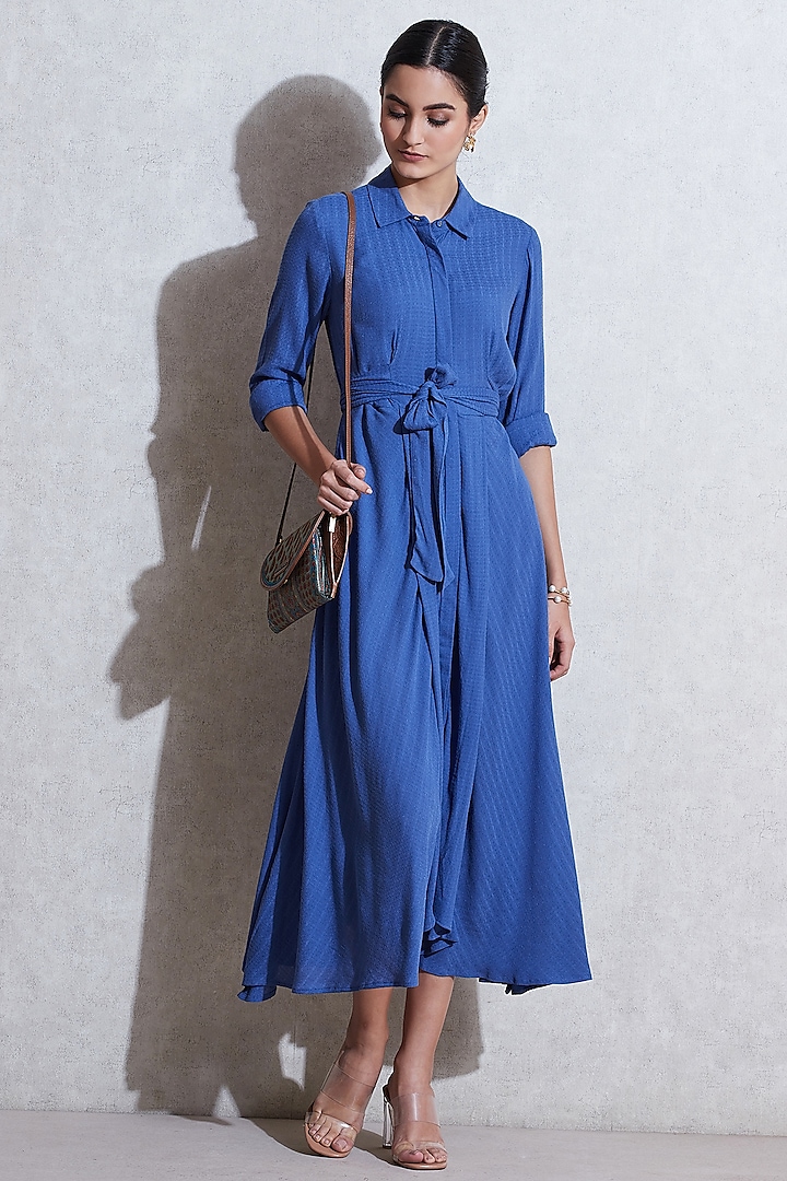Cobalt Blue Summer Shirt Dress With Tie-Up by Ritu Kumar at Pernia's Pop Up Shop