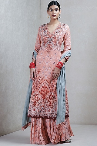Peach Floral Printed Sharara Set by Ritu Kumar