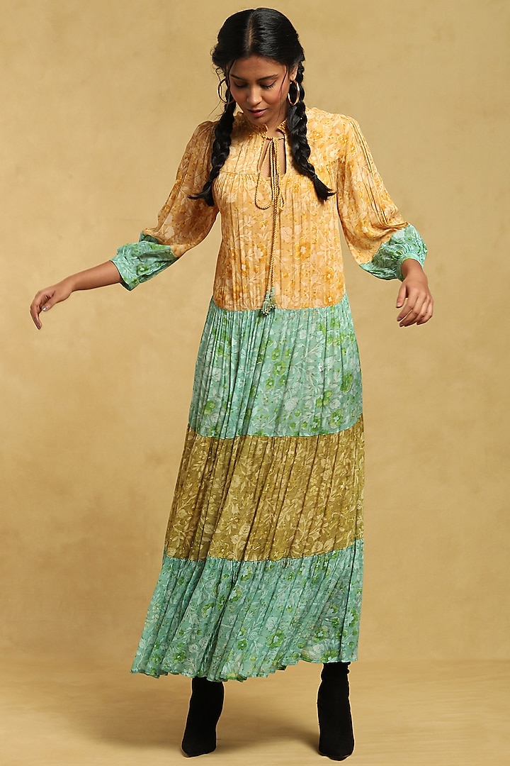 Green Viscose Floral Printed Dress by Ritu Kumar