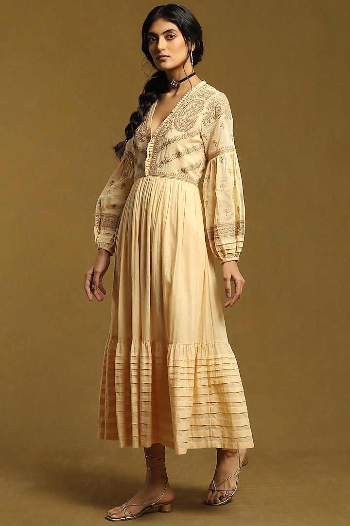 Beige Cotton Embroidered Tiered Dress by Ritu Kumar